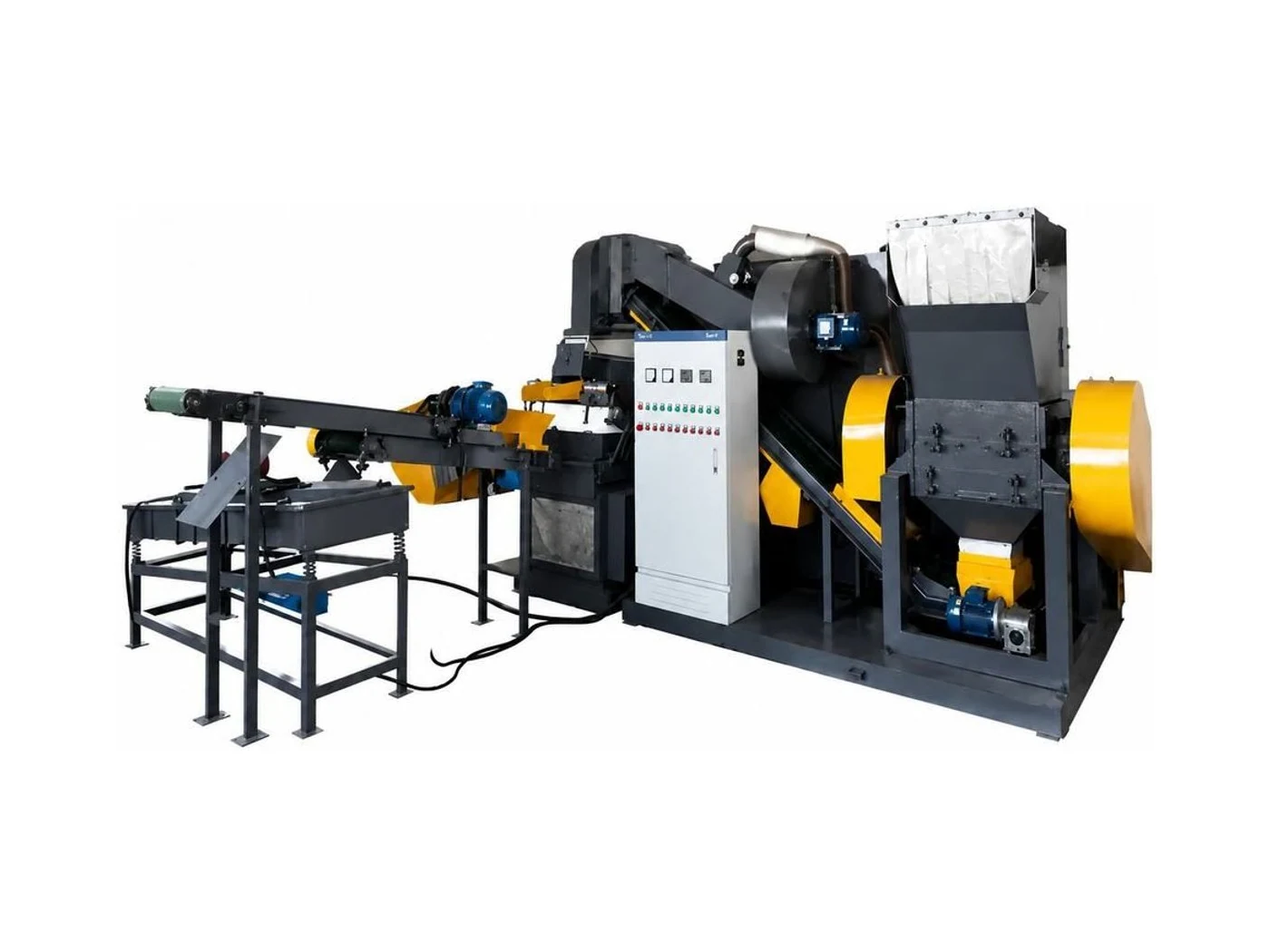 Cable granulator and separation line with conveyor and vibratory sorting table